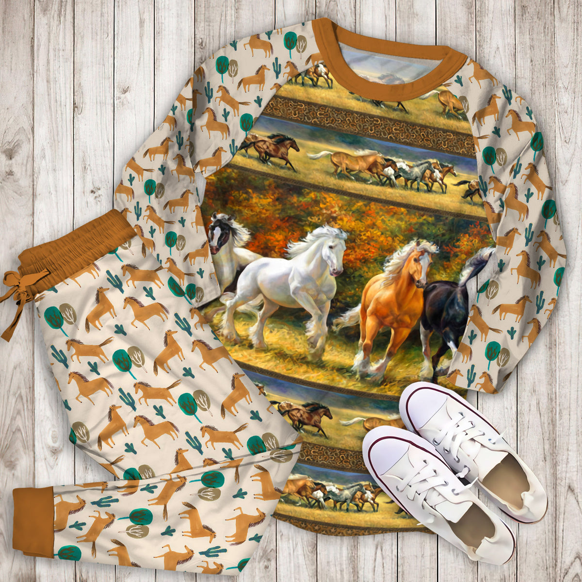 Horses Running Pajama Set | Pajamas | Cotton Sleepwear Sets | Soft Long Sleeve Pjs | Raglan Shirt and Pants Set