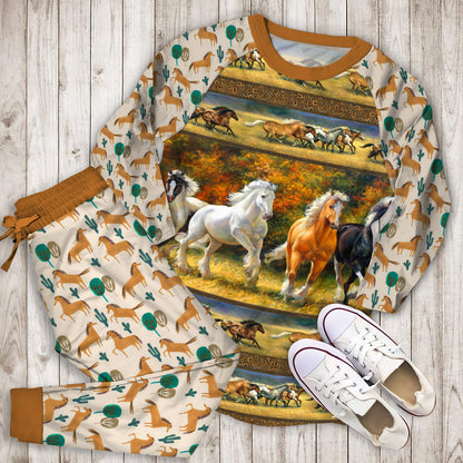 Horses Running Pajama Set | Pajamas | Cotton Sleepwear Sets | Soft Long Sleeve Pjs | Raglan Shirt and Pants Set