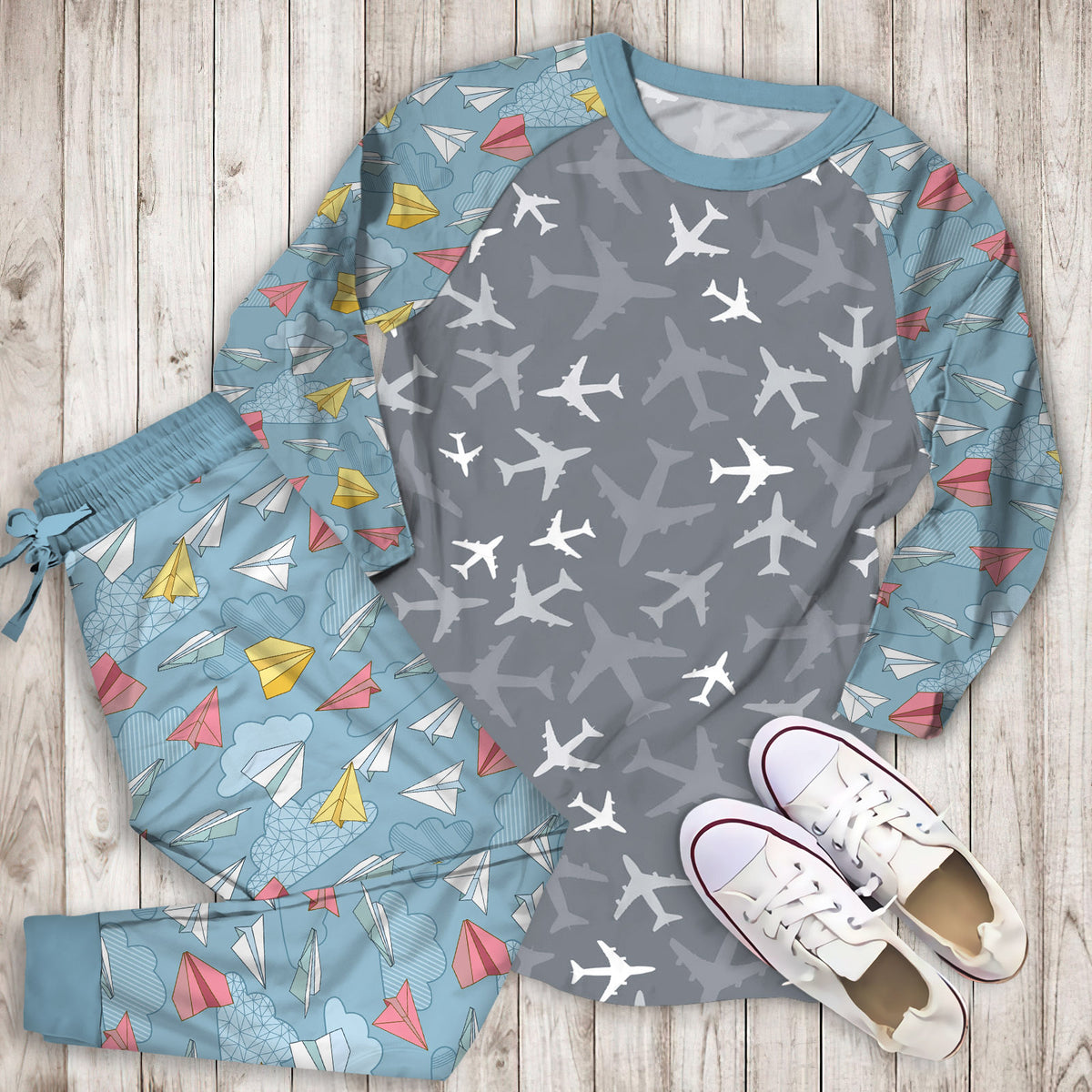 Airplane Pajama Set | Pajamas | Cotton Sleepwear Sets | Soft Long Sleeve Pjs | Raglan Shirt and Pants Set