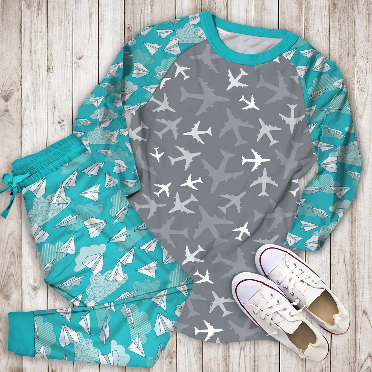 Airplane Pajama Set | Pajamas | Cotton Sleepwear Sets | Soft Long Sleeve Pjs | Raglan Shirt and Pants Set