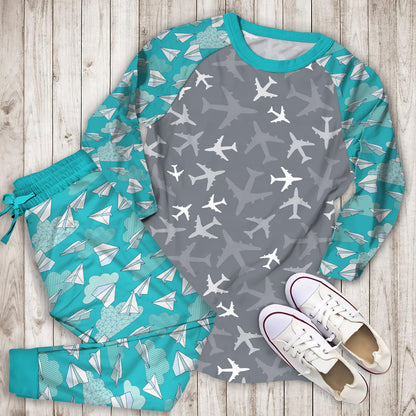 Airplane Pajama Set | Pajamas | Cotton Sleepwear Sets | Soft Long Sleeve Pjs | Raglan Shirt and Pants Set