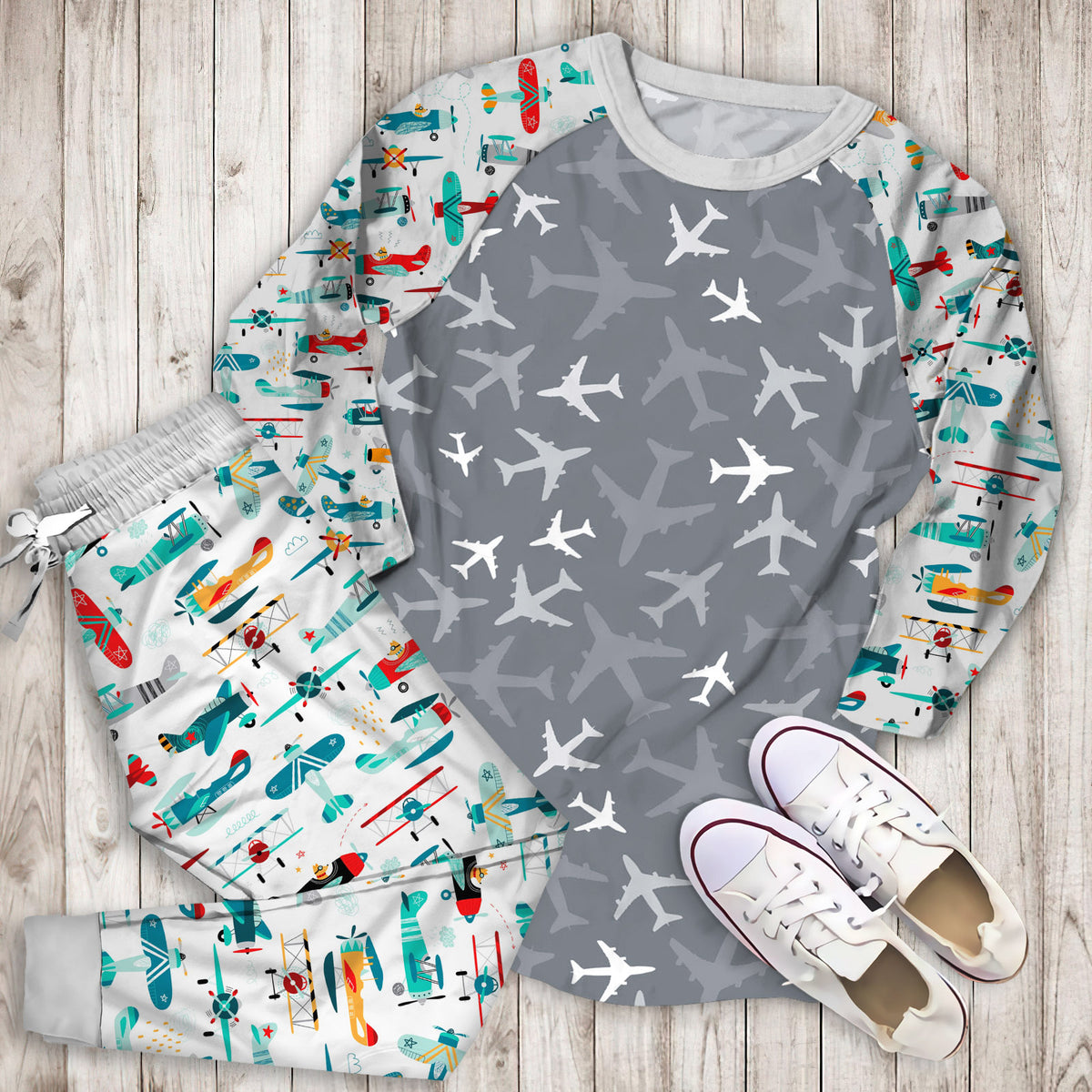 Airplane Pajama Set | Pajamas | Cotton Sleepwear Sets | Soft Long Sleeve Pjs | Raglan Shirt and Pants Set