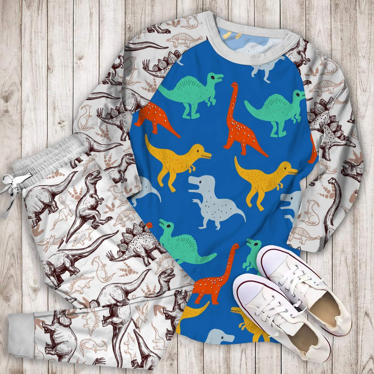 Dinosaur Pajama Set | Pajamas | Cotton Sleepwear Sets | Soft Long Sleeve Pjs | Raglan Shirt and Pants Set