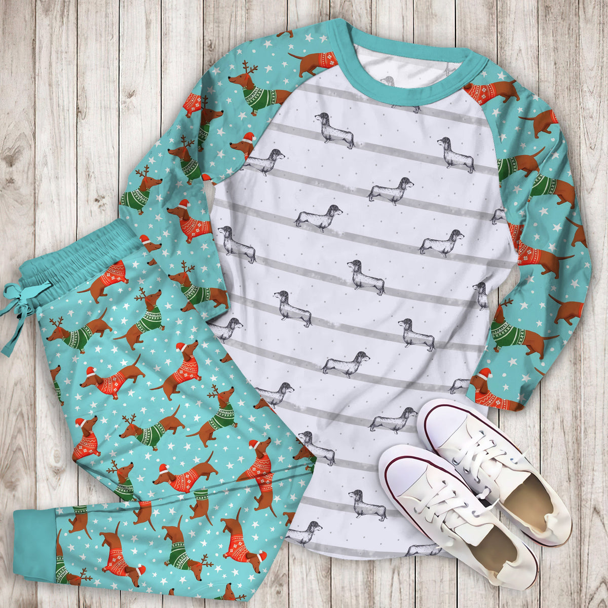 Dachshund Pajama Set | Pajamas | Cotton Sleepwear Sets | Soft Long Sleeve Pjs | Raglan Shirt and Pants Set
