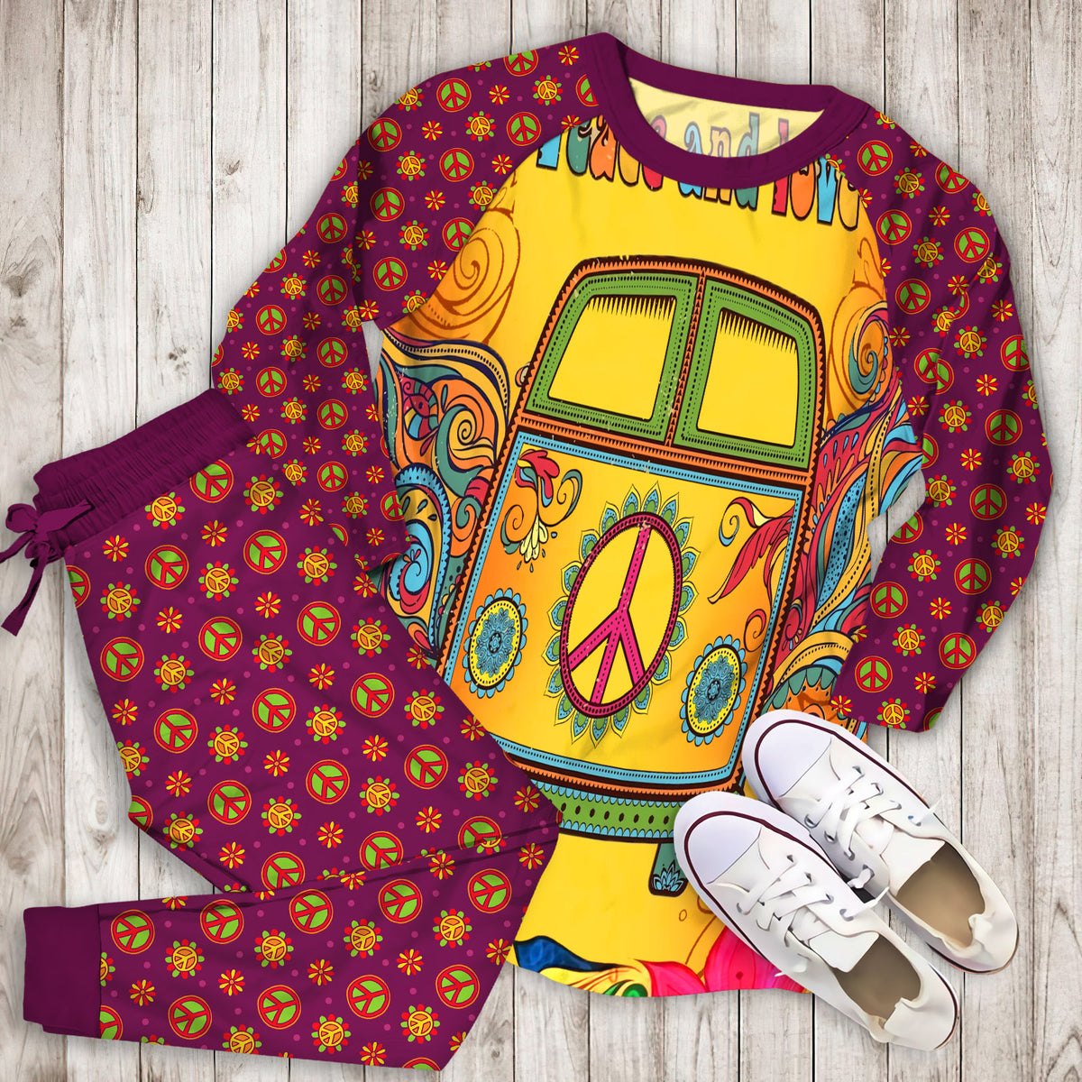 Hippie Van Pajama Set |Sleepwear Pjs Sets | Raglan Shirt Pants Set