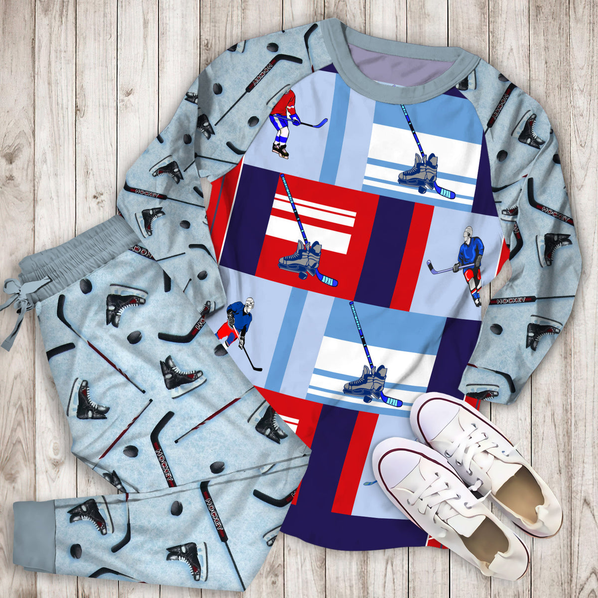 Hockey Pajama Set | Pajamas | Cotton Sleepwear Sets | Soft Long Sleeve Pjs | Raglan Shirt and Pants Set