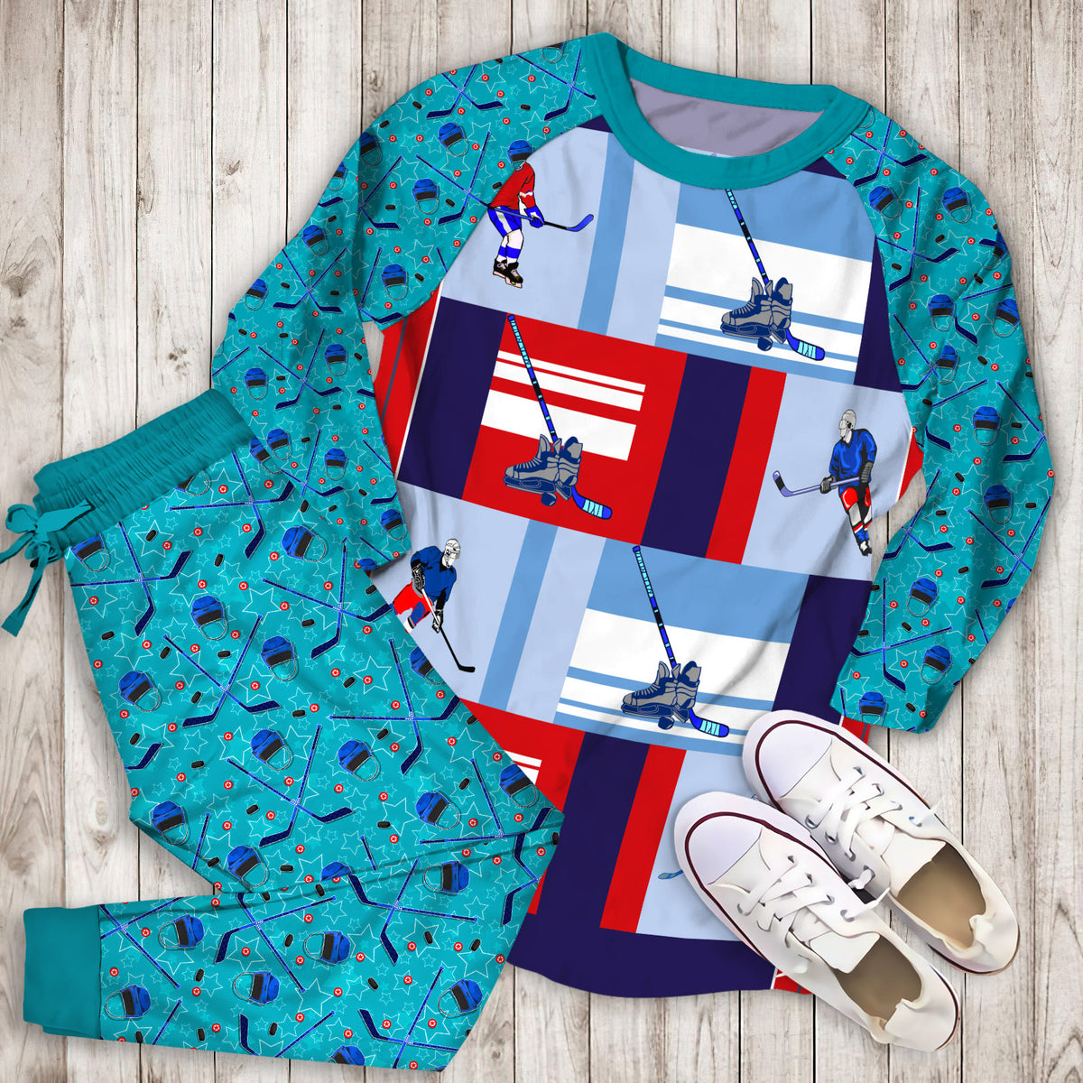 Hockey Pajama Set | Pajamas | Cotton Sleepwear Sets | Soft Long Sleeve Pjs | Raglan Shirt and Pants Set