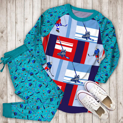 Hockey Pajama Set | Pajamas | Cotton Sleepwear Sets | Soft Long Sleeve Pjs | Raglan Shirt and Pants Set