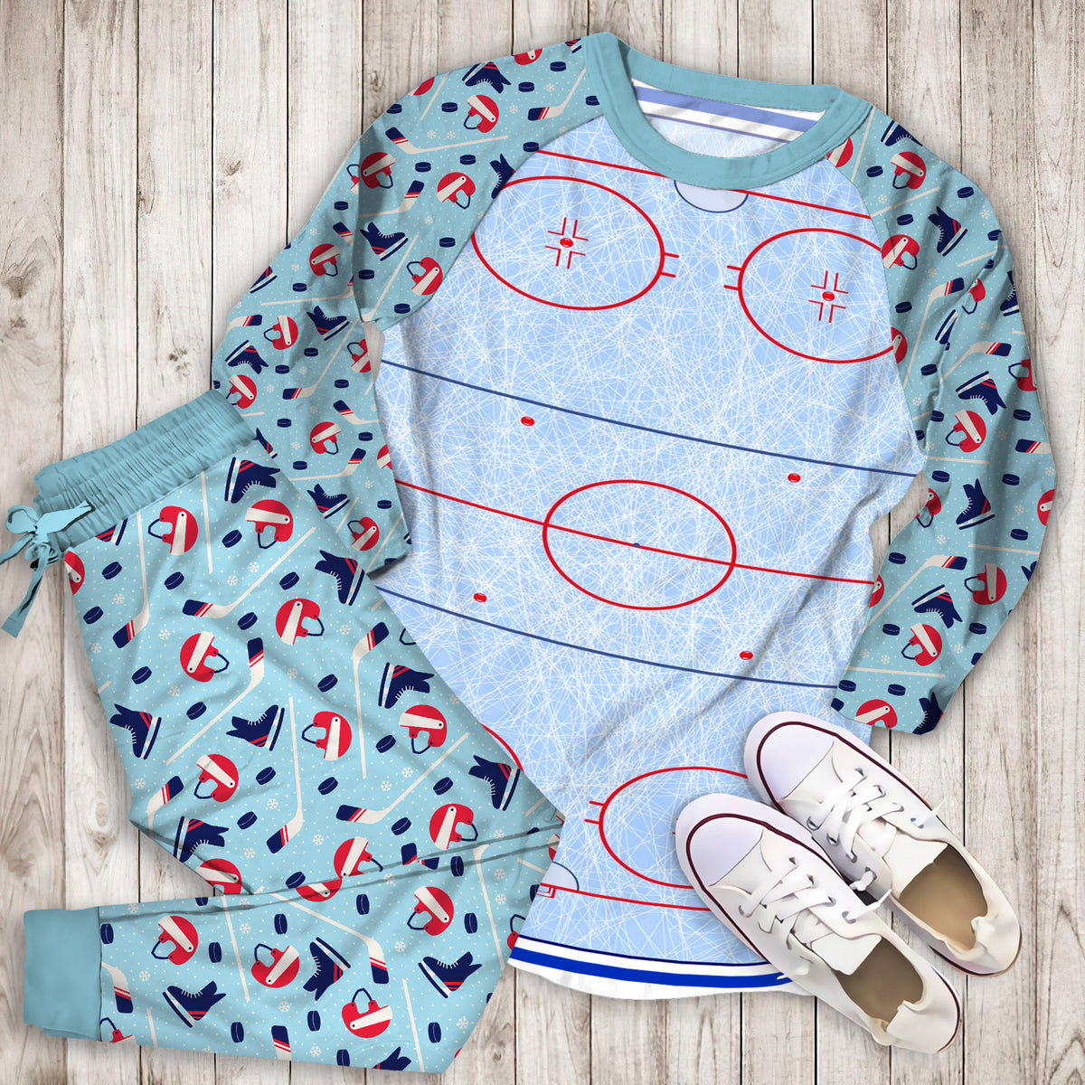 Hockey Rink Pajama Set | Pajamas | Cotton Sleepwear Sets | Soft Long Sleeve Pjs | Raglan Shirt and Pants Set