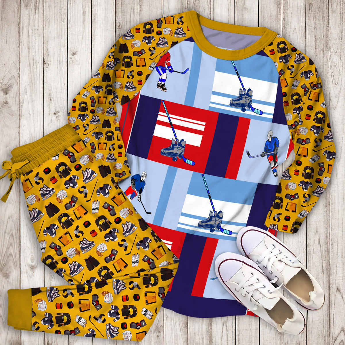 Hockey Pajama Set | Pajamas | Cotton Sleepwear Sets | Soft Long Sleeve Pjs | Raglan Shirt and Pants Set