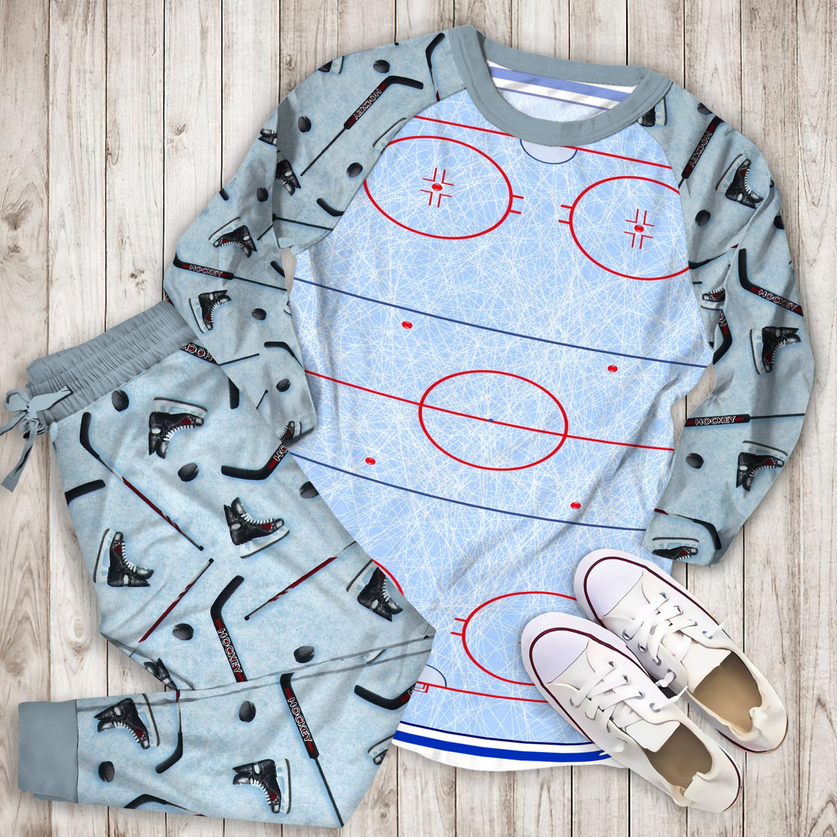 Hockey Rink Pajama Set | Pajamas | Cotton Sleepwear Sets | Soft Long Sleeve Pjs | Raglan Shirt and Pants Set