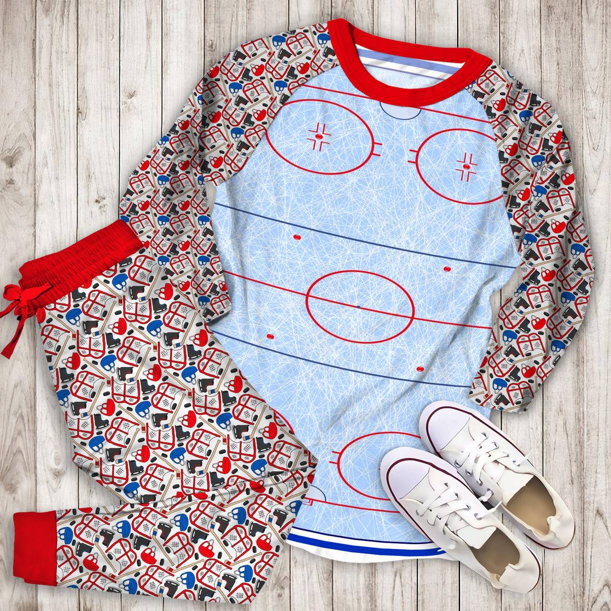Hockey Rink Pajama Set | Pajamas | Cotton Sleepwear Sets | Soft Long Sleeve Pjs | Raglan Shirt and Pants Set