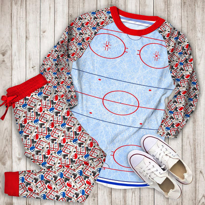 Hockey Rink Pajama Set | Pajamas | Cotton Sleepwear Sets | Soft Long Sleeve Pjs | Raglan Shirt and Pants Set