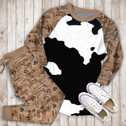 Black Cowhide Pajama Set | Pajamas | Cotton Sleepwear Sets | Soft Long Sleeve Pjs | Raglan Shirt and Pants Set