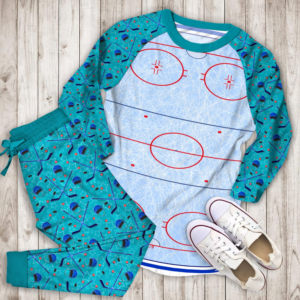Hockey Rink Pajama Set | Pajamas | Cotton Sleepwear Sets | Soft Long Sleeve Pjs | Raglan Shirt and Pants Set