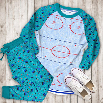 Hockey Rink Pajama Set | Pajamas | Cotton Sleepwear Sets | Soft Long Sleeve Pjs | Raglan Shirt and Pants Set