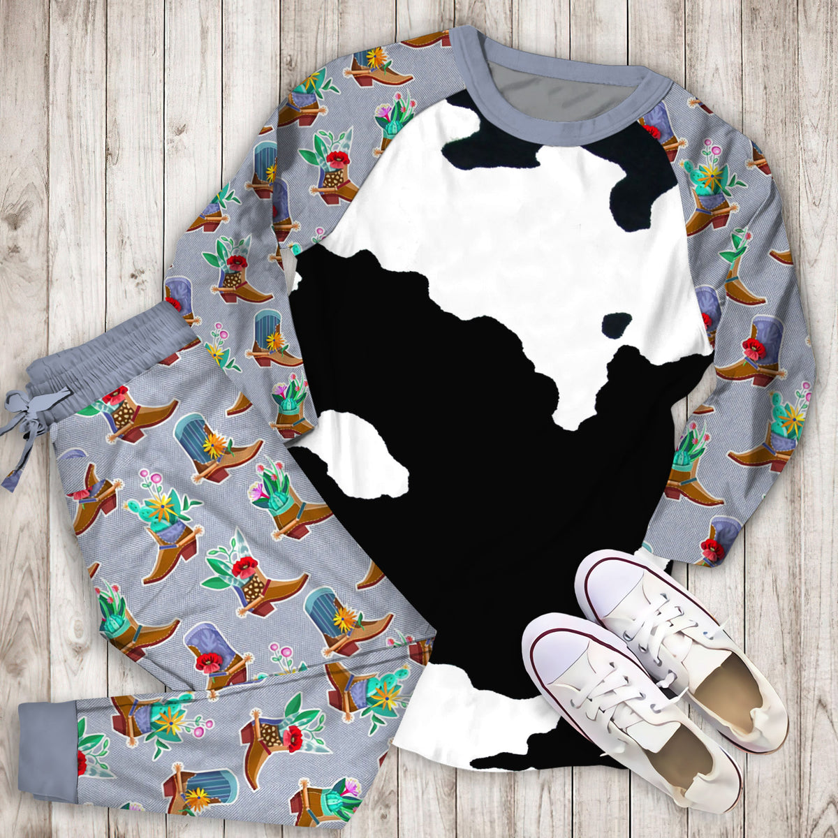 Black Cowhide Pajama Set | Pajamas | Cotton Sleepwear Sets | Soft Long Sleeve Pjs | Raglan Shirt and Pants Set