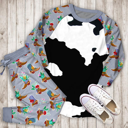 Black Cowhide Pajama Set | Pajamas | Cotton Sleepwear Sets | Soft Long Sleeve Pjs | Raglan Shirt and Pants Set