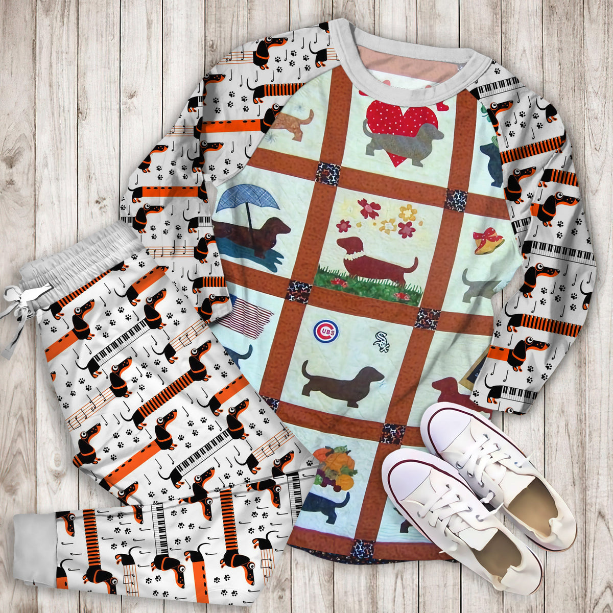Dachshund Pajama Set | Pajamas | Cotton Sleepwear Sets | Soft Long Sleeve Pjs | Raglan Shirt and Pants Set