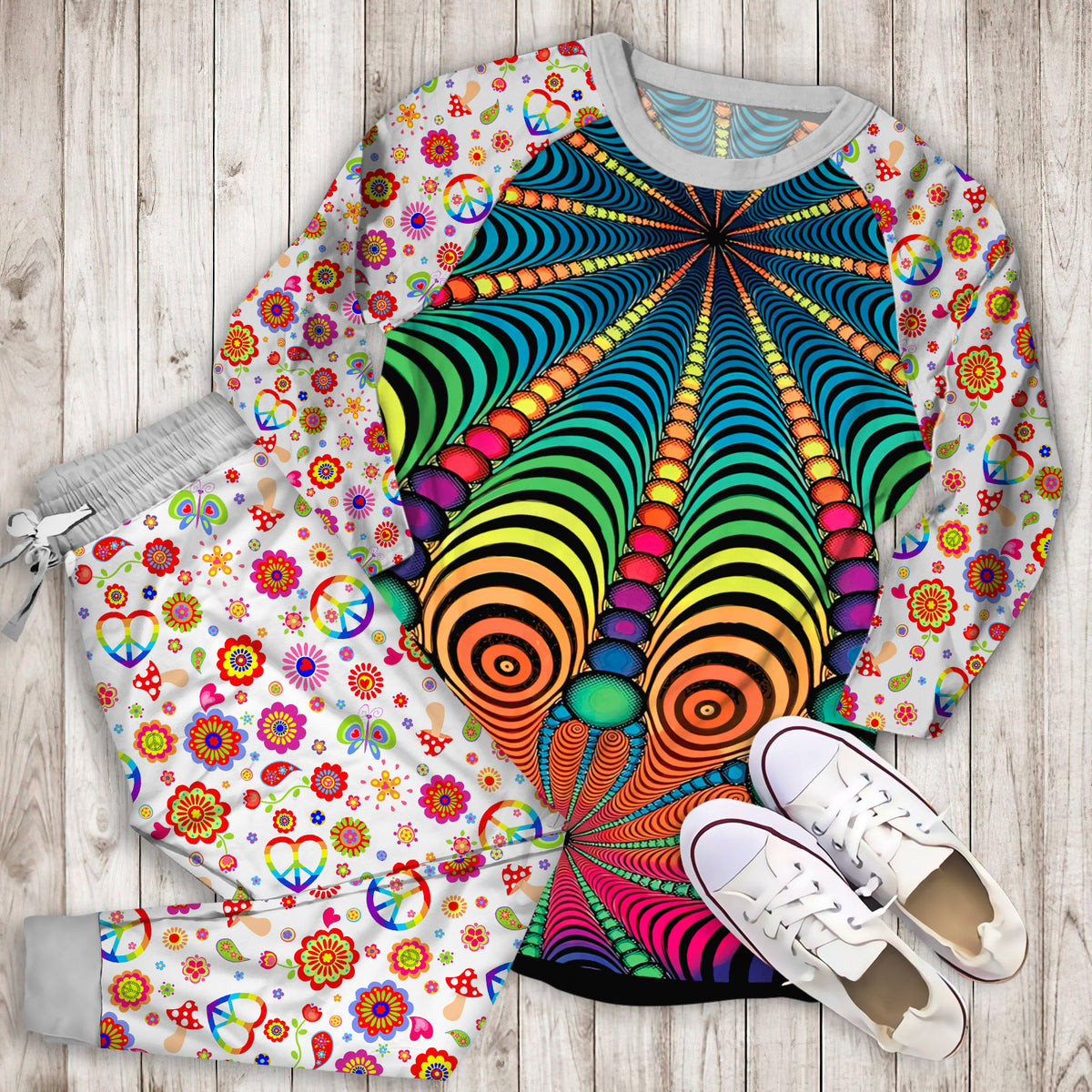 Hippie Pattern Pajama Set | Pajamas | Cotton Sleepwear Sets | Soft Long Sleeve Pjs | Raglan Shirt and Pants Set