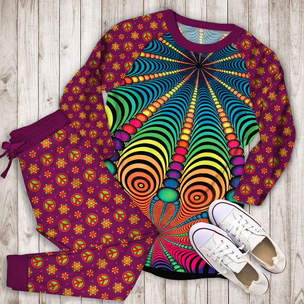 Hippie Pattern Pajama Set | Pajamas | Cotton Sleepwear Sets | Soft Long Sleeve Pjs | Raglan Shirt and Pants Set