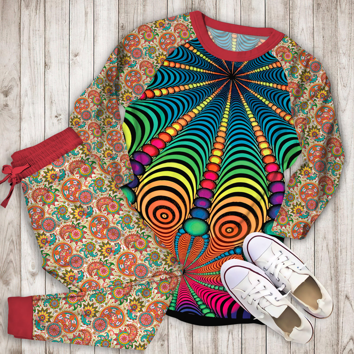 Hippie Pattern Pajama Set | Pajamas | Cotton Sleepwear Sets | Soft Long Sleeve Pjs | Raglan Shirt and Pants Set