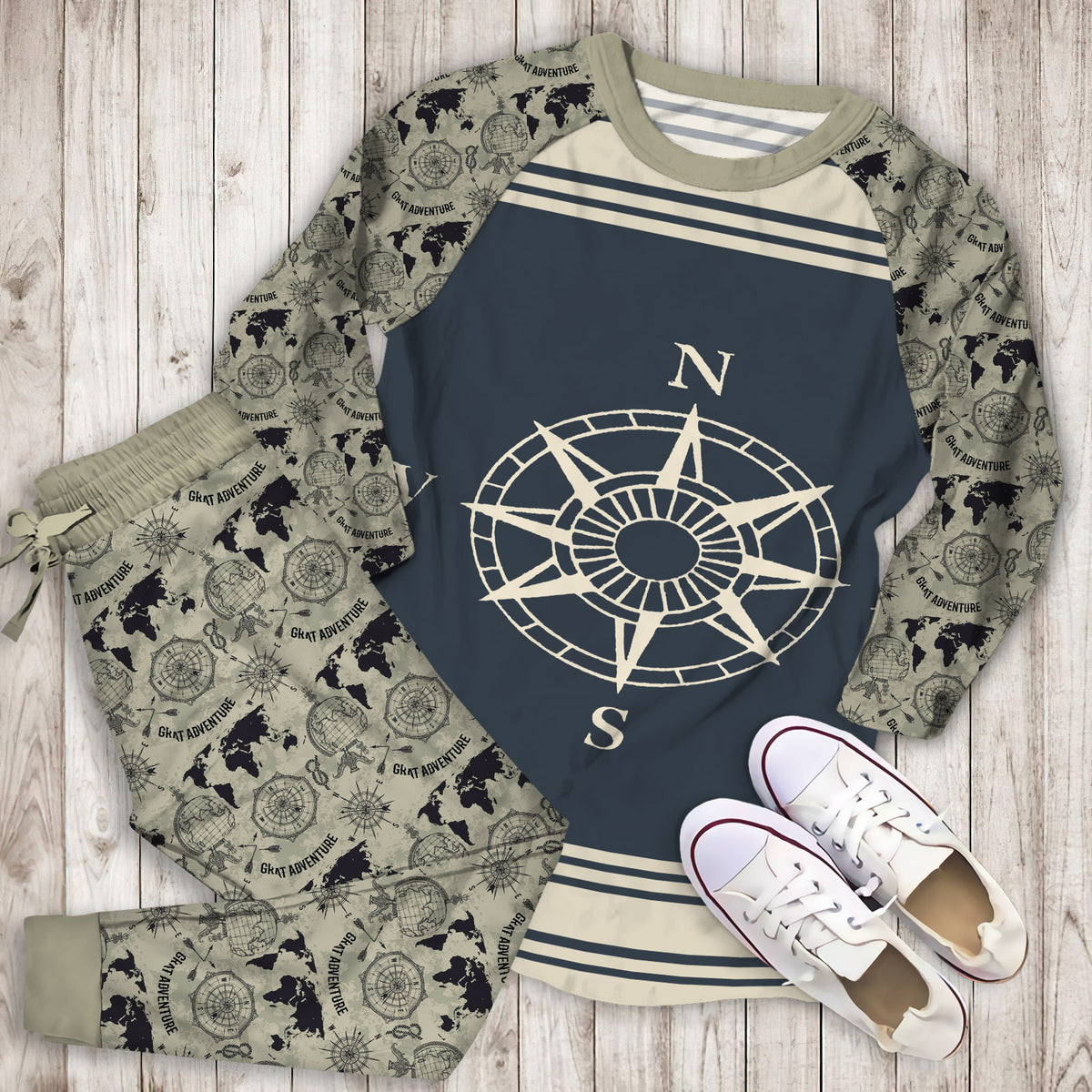 Compass Pajama Set | Pajamas | Cotton Sleepwear Sets | Soft Long Sleeve Pjs | Raglan Shirt and Pants Set