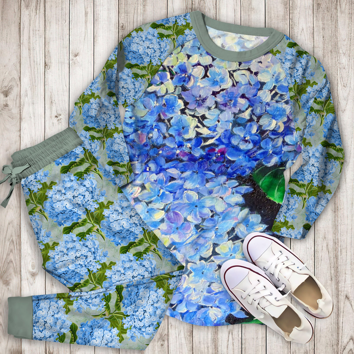 Blue Hydrangea Pajama Set |Sleepwear Pjs Sets | Raglan Shirt Pants Set