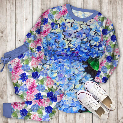 Blue Hydrangea Pajama Set |Sleepwear Pjs Sets | Raglan Shirt Pants Set
