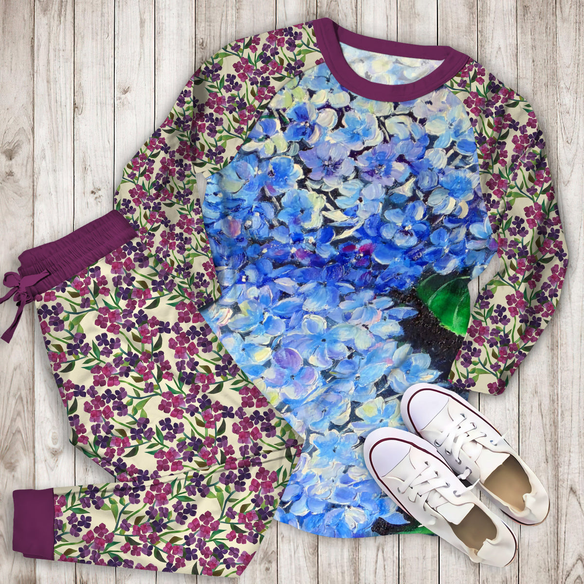 Blue Hydrangea Pajama Set |Sleepwear Pjs Sets | Raglan Shirt Pants Set
