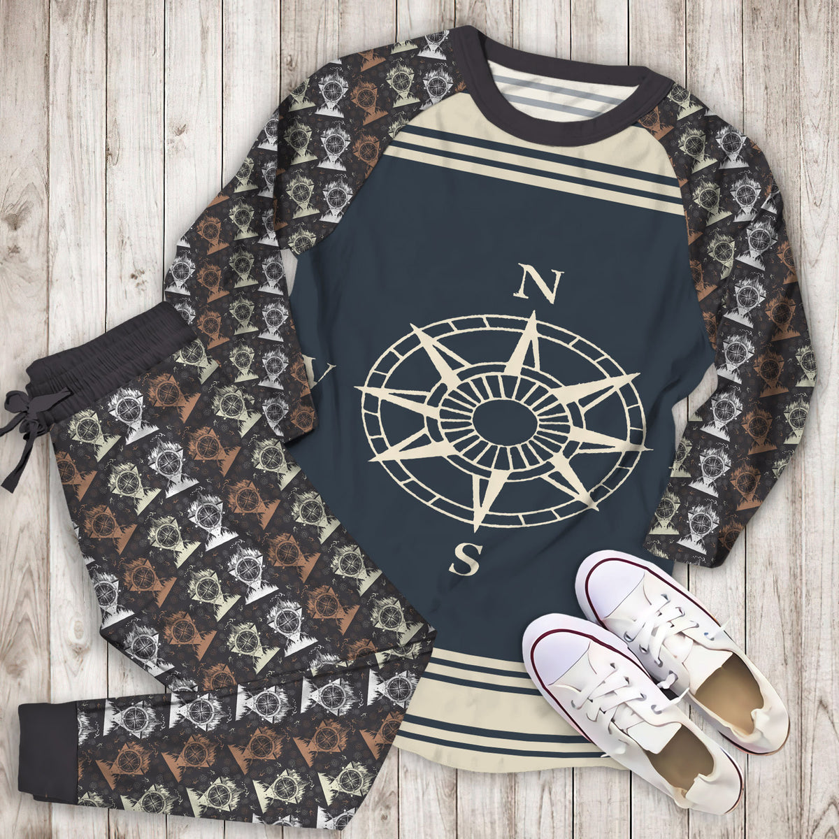 Compass Pajama Set | Pajamas | Cotton Sleepwear Sets | Soft Long Sleeve Pjs | Raglan Shirt and Pants Set