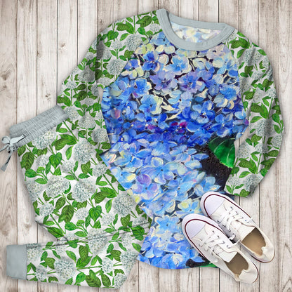 Blue Hydrangea Pajama Set |Sleepwear Pjs Sets | Raglan Shirt Pants Set