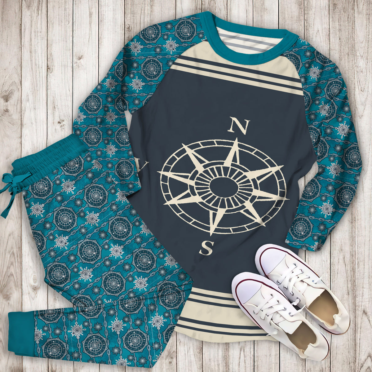 Compass Pajama Set | Pajamas | Cotton Sleepwear Sets | Soft Long Sleeve Pjs | Raglan Shirt and Pants Set