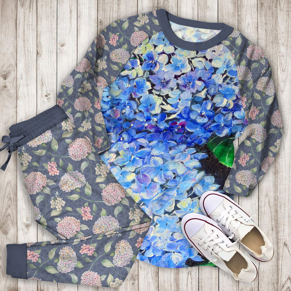 Blue Hydrangea Pajama Set |Sleepwear Pjs Sets | Raglan Shirt Pants Set