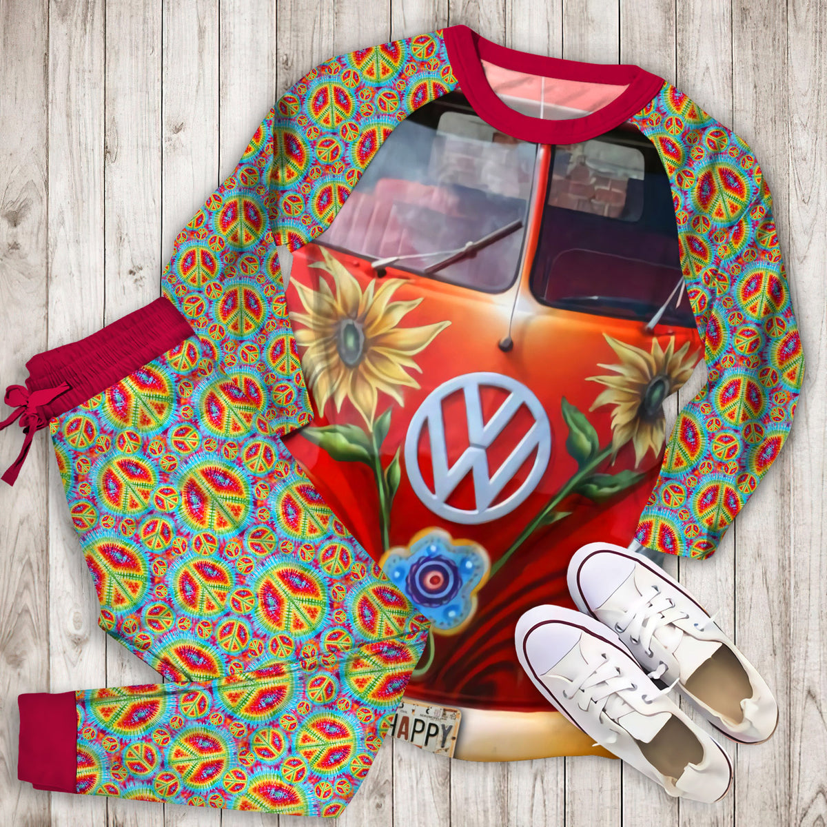 Hippie Vans Pajama Set | Pajamas | Cotton Sleepwear Sets | Soft Long Sleeve Pjs | Raglan Shirt and Pants Set