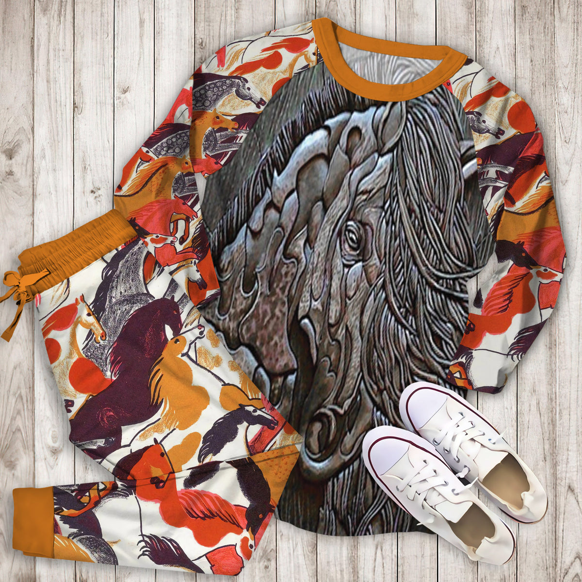 Horse Pajama Set | Pajamas | Cotton Sleepwear Sets | Soft Long Sleeve Pjs | Raglan Shirt and Pants Set