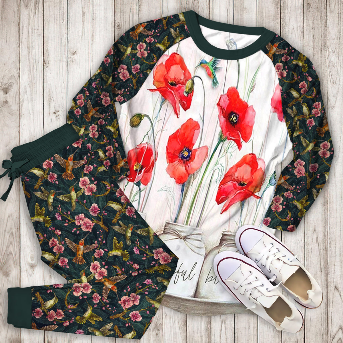 Humming Bird Pajama Set | Pajamas | Cotton Sleepwear Sets | Soft Long Sleeve Pjs | Raglan Shirt and Pants Set