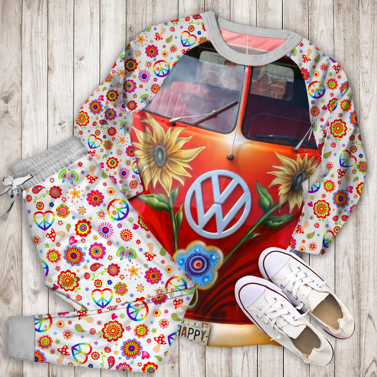 Hippie Vans Pajama Set | Pajamas | Cotton Sleepwear Sets | Soft Long Sleeve Pjs | Raglan Shirt and Pants Set