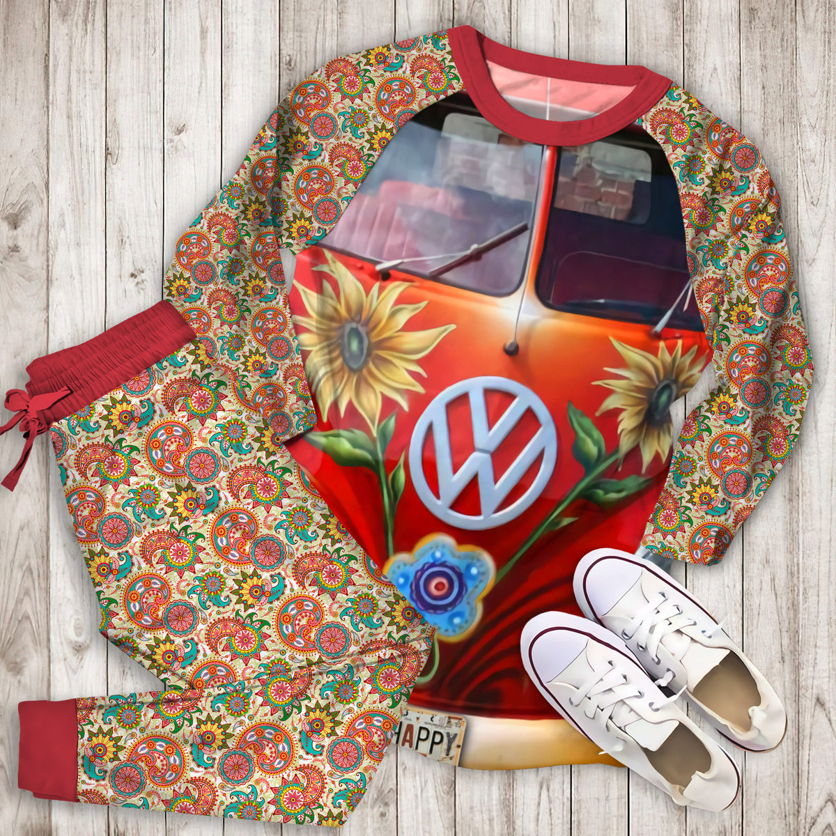 Hippie Vans Pajama Set | Pajamas | Cotton Sleepwear Sets | Soft Long Sleeve Pjs | Raglan Shirt and Pants Set