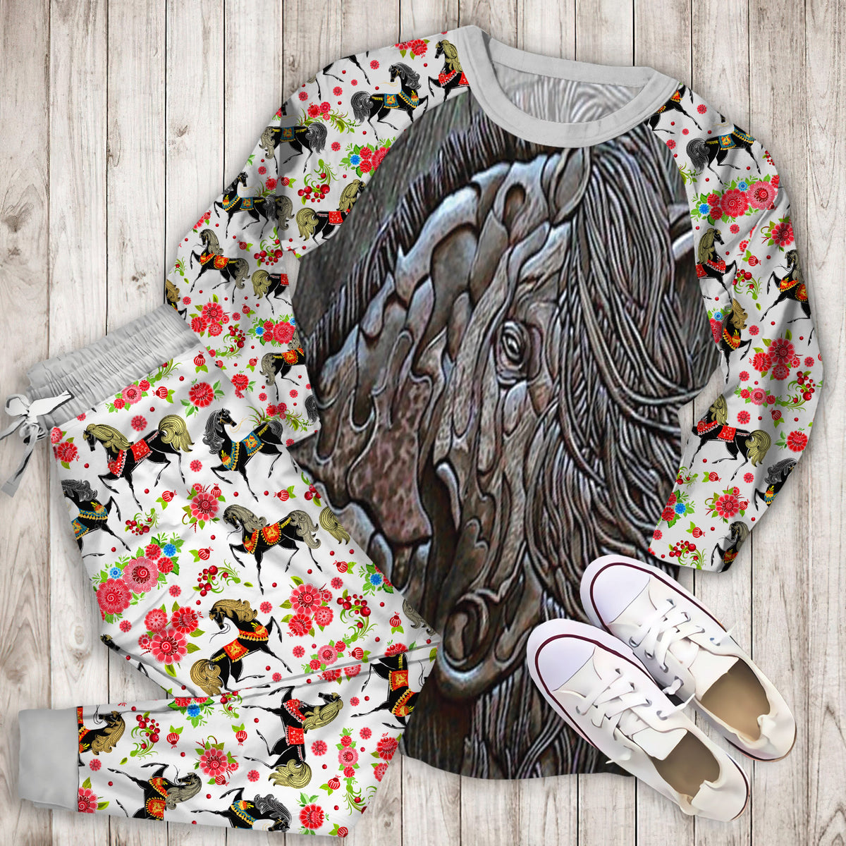 Horse Pajama Set | Pajamas | Cotton Sleepwear Sets | Soft Long Sleeve Pjs | Raglan Shirt and Pants Set