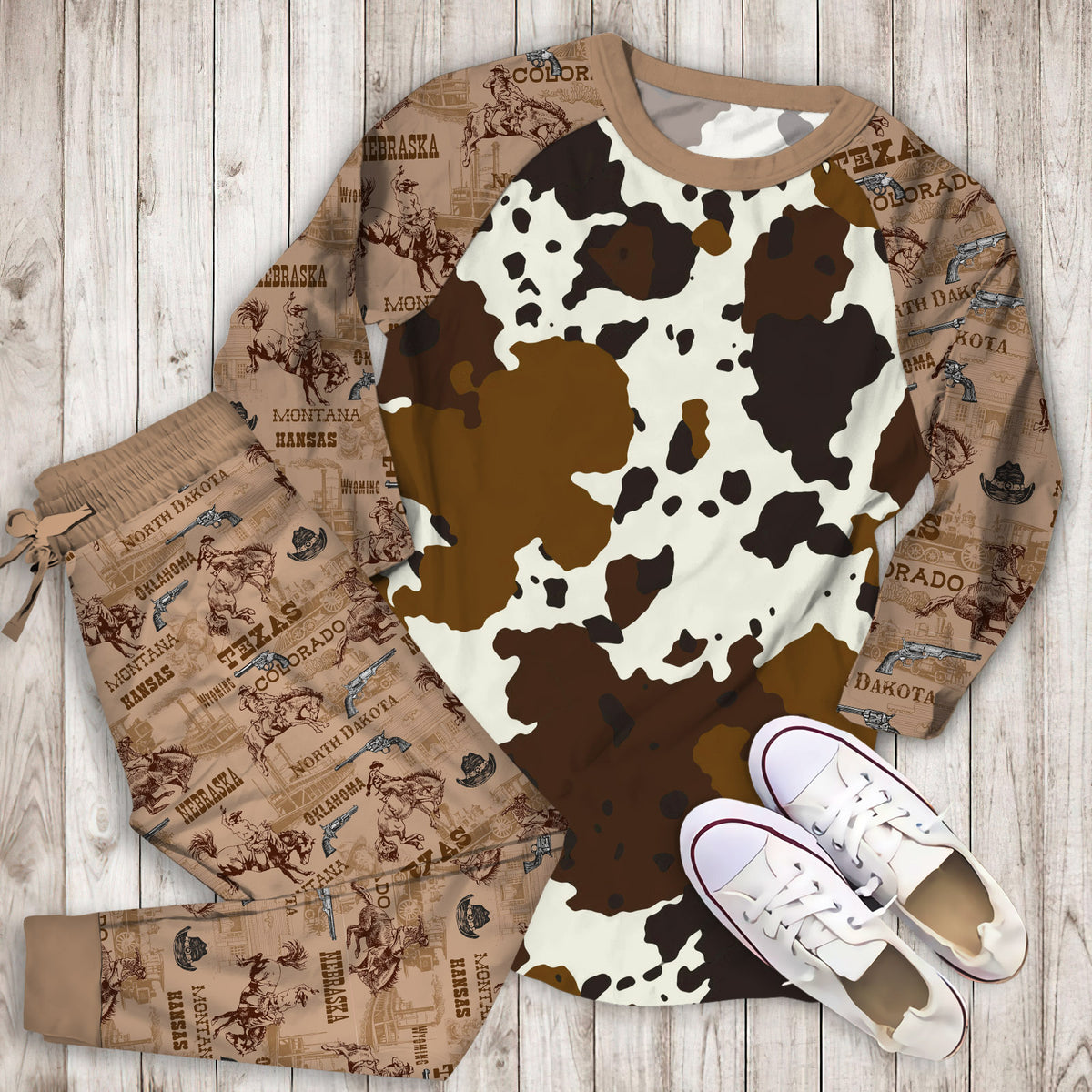 Cowhide Pajama Set | Pajamas | Cotton Sleepwear Sets | Soft Long Sleeve Pjs | Raglan Shirt and Pants Set
