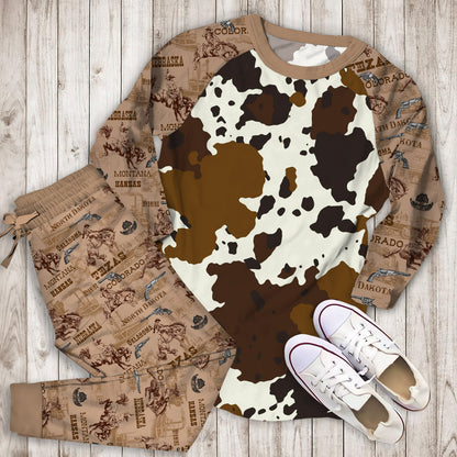 Cowhide Pajama Set | Pajamas | Cotton Sleepwear Sets | Soft Long Sleeve Pjs | Raglan Shirt and Pants Set