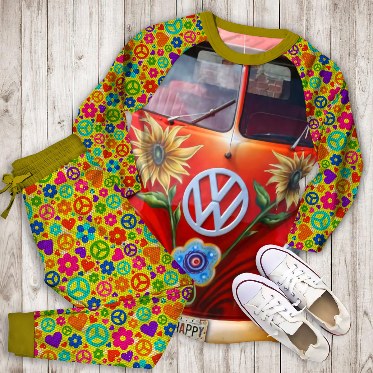 Hippie Vans Pajama Set | Pajamas | Cotton Sleepwear Sets | Soft Long Sleeve Pjs | Raglan Shirt and Pants Set