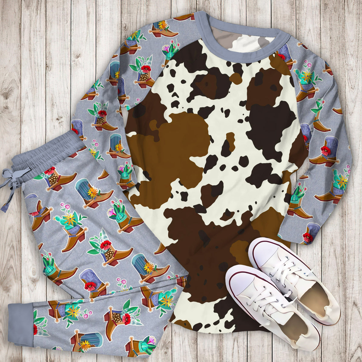Cowhide Pajama Set | Pajamas | Cotton Sleepwear Sets | Soft Long Sleeve Pjs | Raglan Shirt and Pants Set