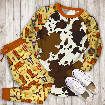 Cowhide Pajama Set | Pajamas | Cotton Sleepwear Sets | Soft Long Sleeve Pjs | Raglan Shirt and Pants Set