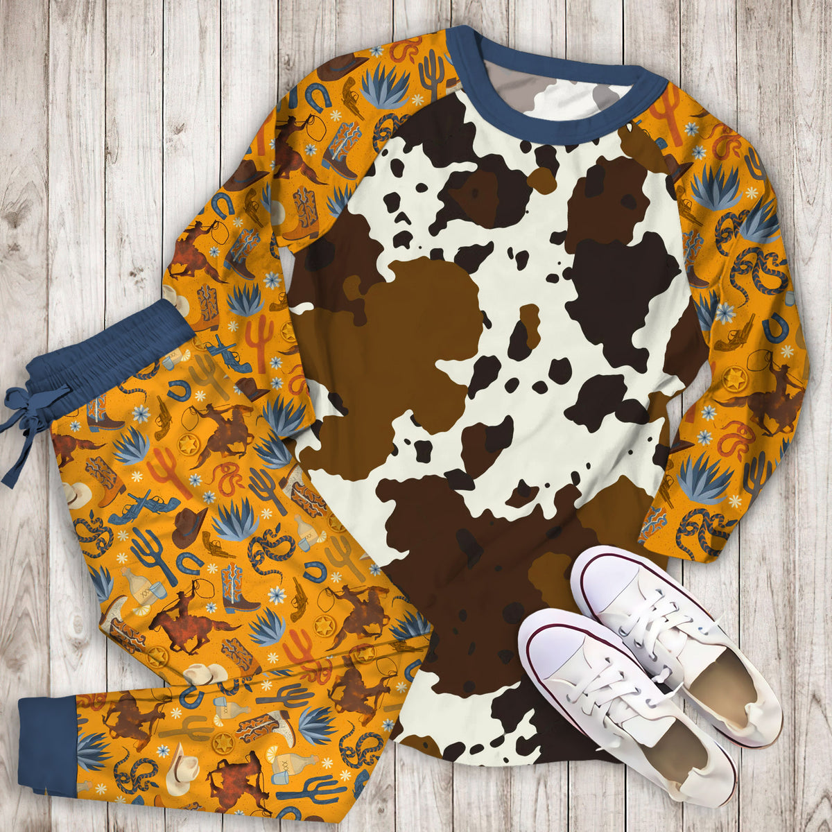 Cowhide Pajama Set | Pajamas | Cotton Sleepwear Sets | Soft Long Sleeve Pjs | Raglan Shirt and Pants Set