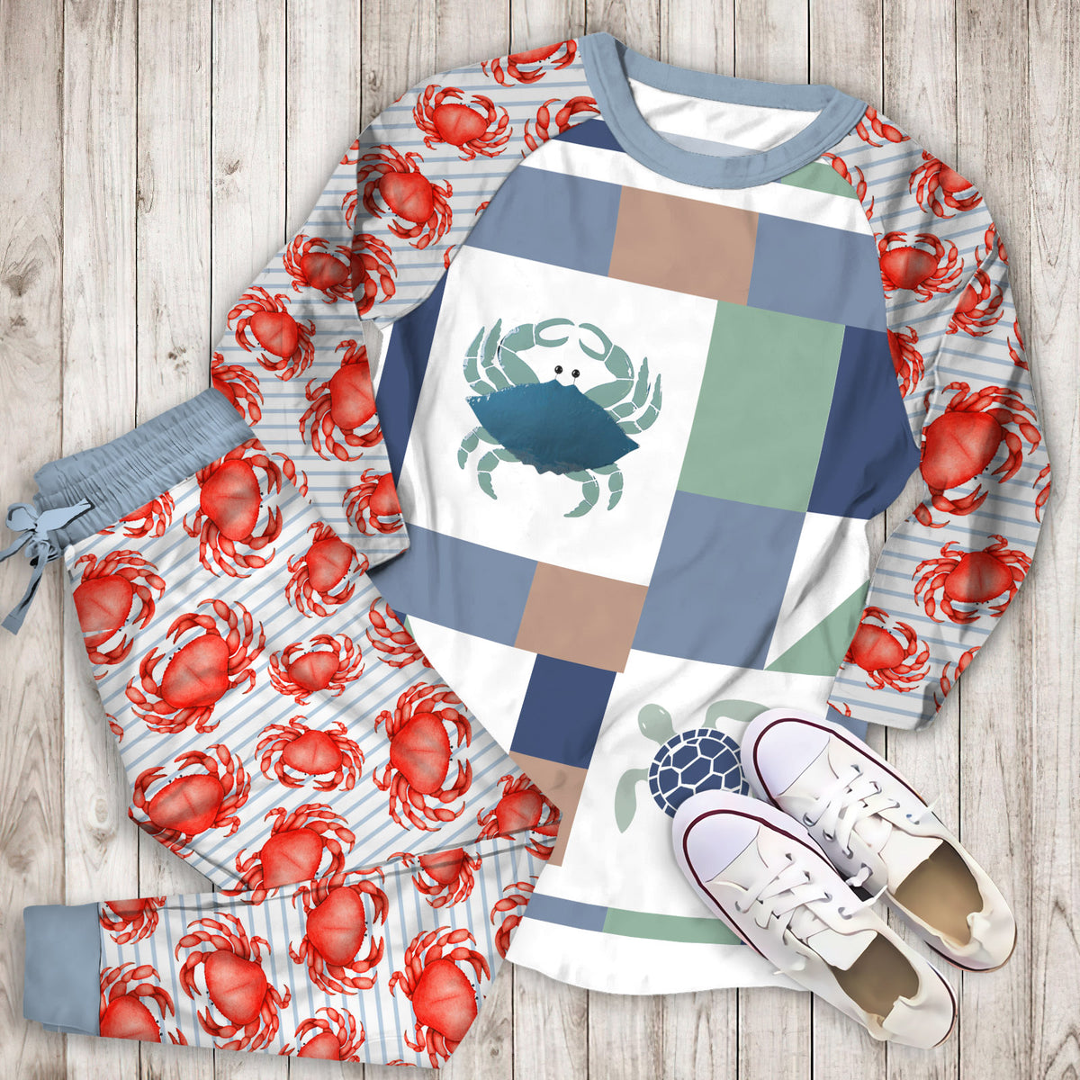 Crab Pajama Set |Sleepwear Pjs Sets | Raglan Shirt Pants Set