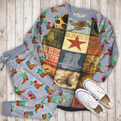 Cowboy Patches Pajama Set |Sleepwear Pjs Sets | Raglan Shirt Pants Set