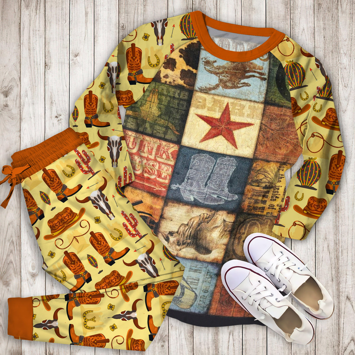 Cowboy Patches Pajama Set |Sleepwear Pjs Sets | Raglan Shirt Pants Set