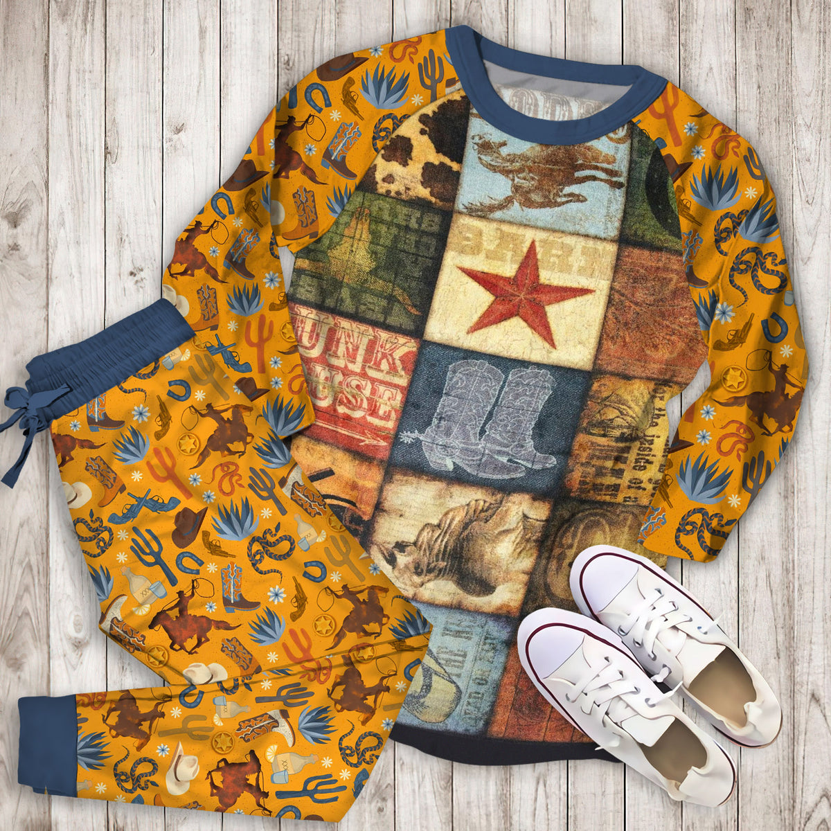Cowboy Patches Pajama Set |Sleepwear Pjs Sets | Raglan Shirt Pants Set